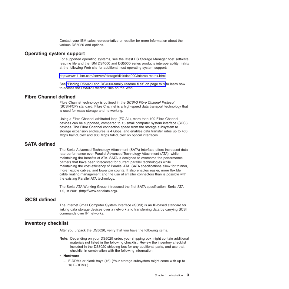 Operating system support, Fibre channel defined, Sata defined | Iscsi defined, Inventory checklist | IBM System Storage Subsystem DS5020 User Manual | Page 33 / 250