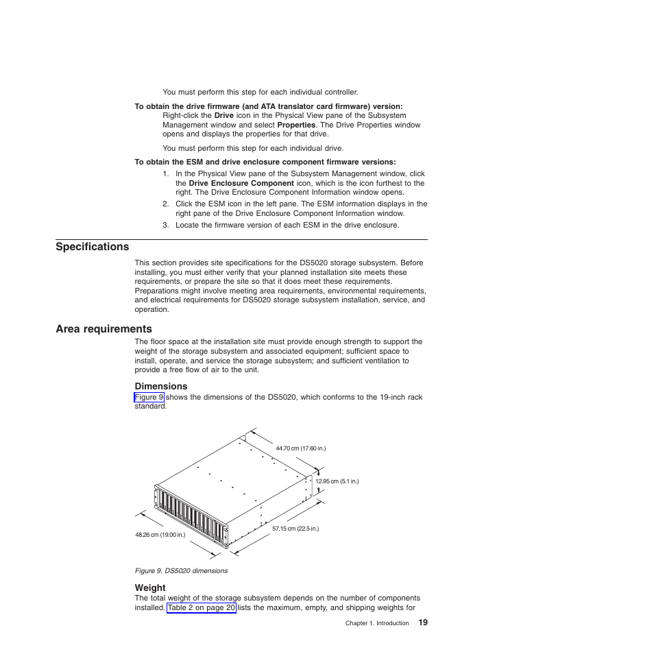Specifications, Area requirements, Dimensions | Weight, Dimensions weight, Ds5020 dimensions | IBM System Storage Subsystem DS5020 User Manual | Page 49 / 250