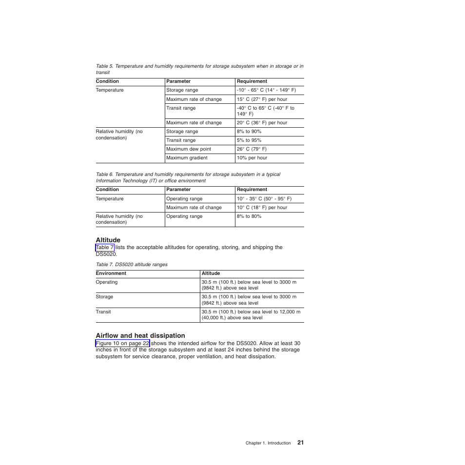 Altitude, Airflow and heat dissipation, Altitude airflow and heat dissipation | It) or office environment, Ds5020 altitude ranges | IBM System Storage Subsystem DS5020 User Manual | Page 51 / 250