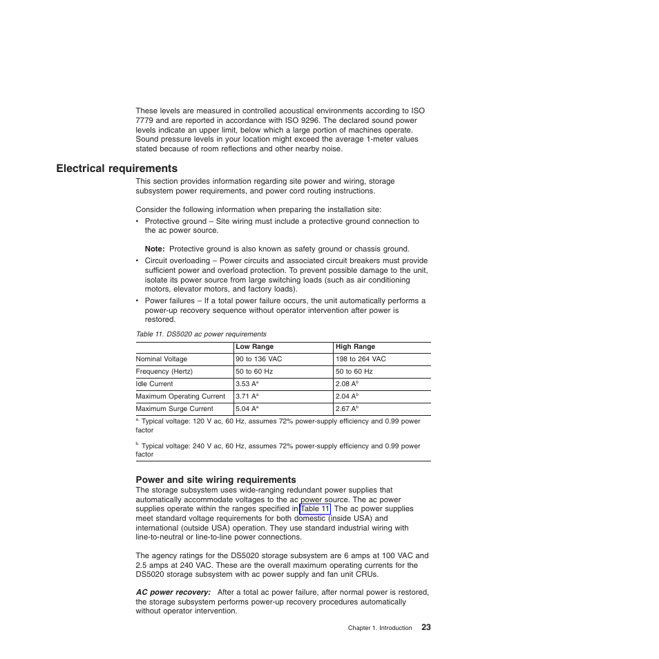 Electrical requirements, Power and site wiring requirements, Ac power recovery | Ds5020 ac power requirements | IBM System Storage Subsystem DS5020 User Manual | Page 53 / 250