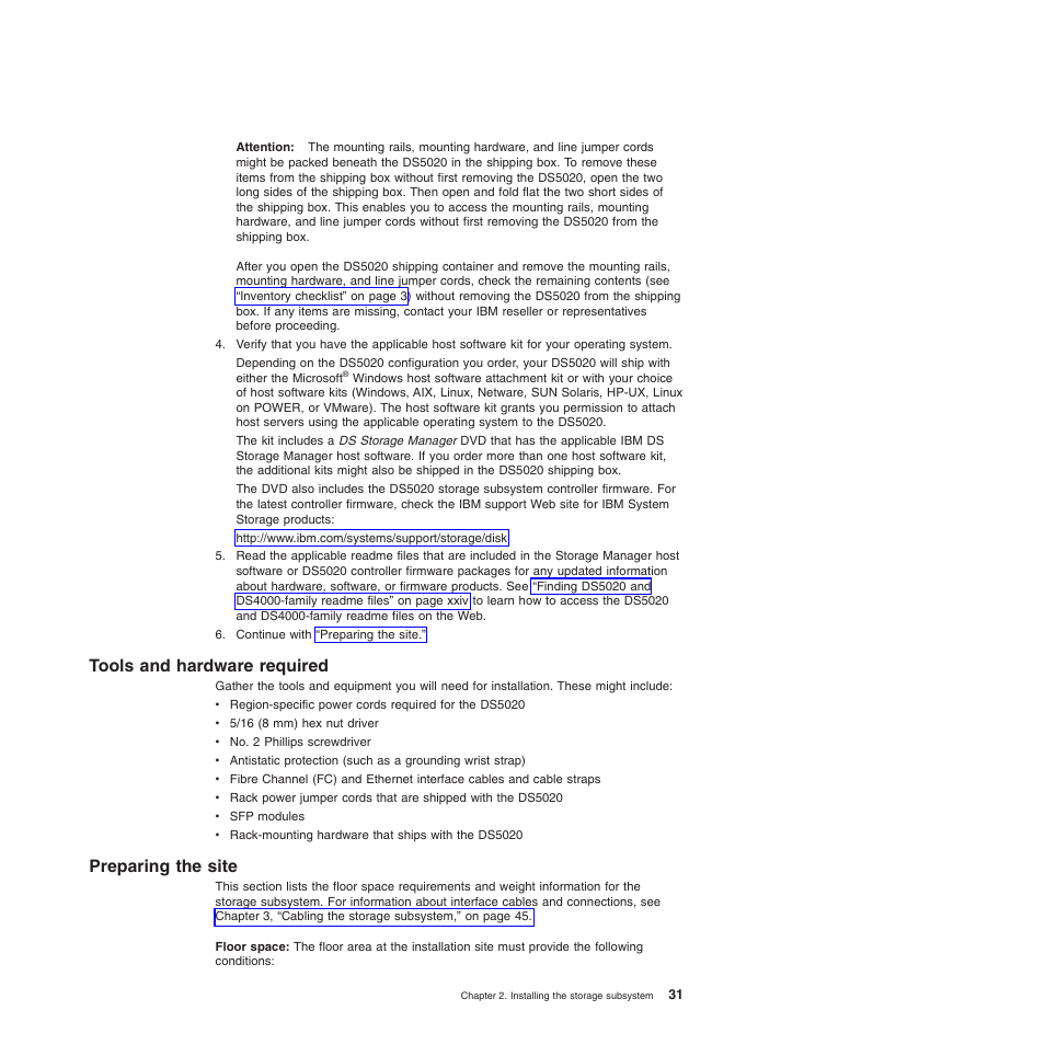 Tools and hardware required, Preparing the site, Tools and hardware required preparing the site | IBM System Storage Subsystem DS5020 User Manual | Page 61 / 250