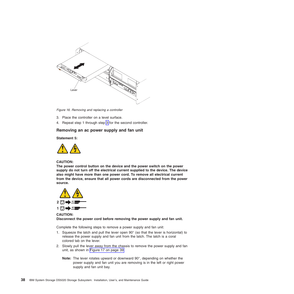 Removing an ac power supply and fan unit, Removing and replacing a controller | IBM System Storage Subsystem DS5020 User Manual | Page 68 / 250