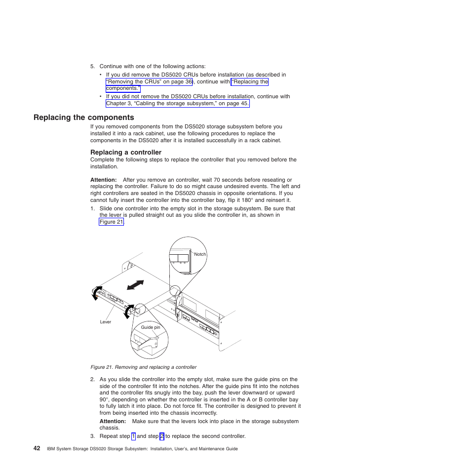 Replacing the components, Replacing a controller, Removing and replacing a controller | IBM System Storage Subsystem DS5020 User Manual | Page 72 / 250