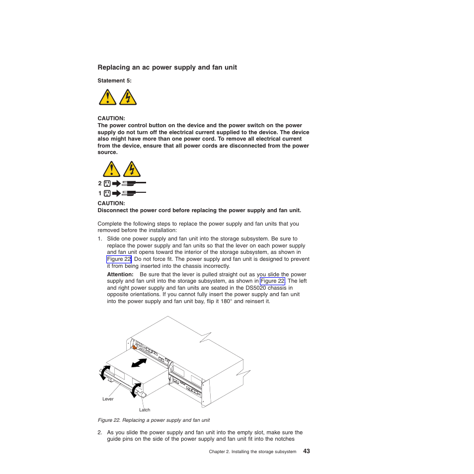 Replacing an ac power supply and fan unit, Replacing a power supply and fan unit | IBM System Storage Subsystem DS5020 User Manual | Page 73 / 250