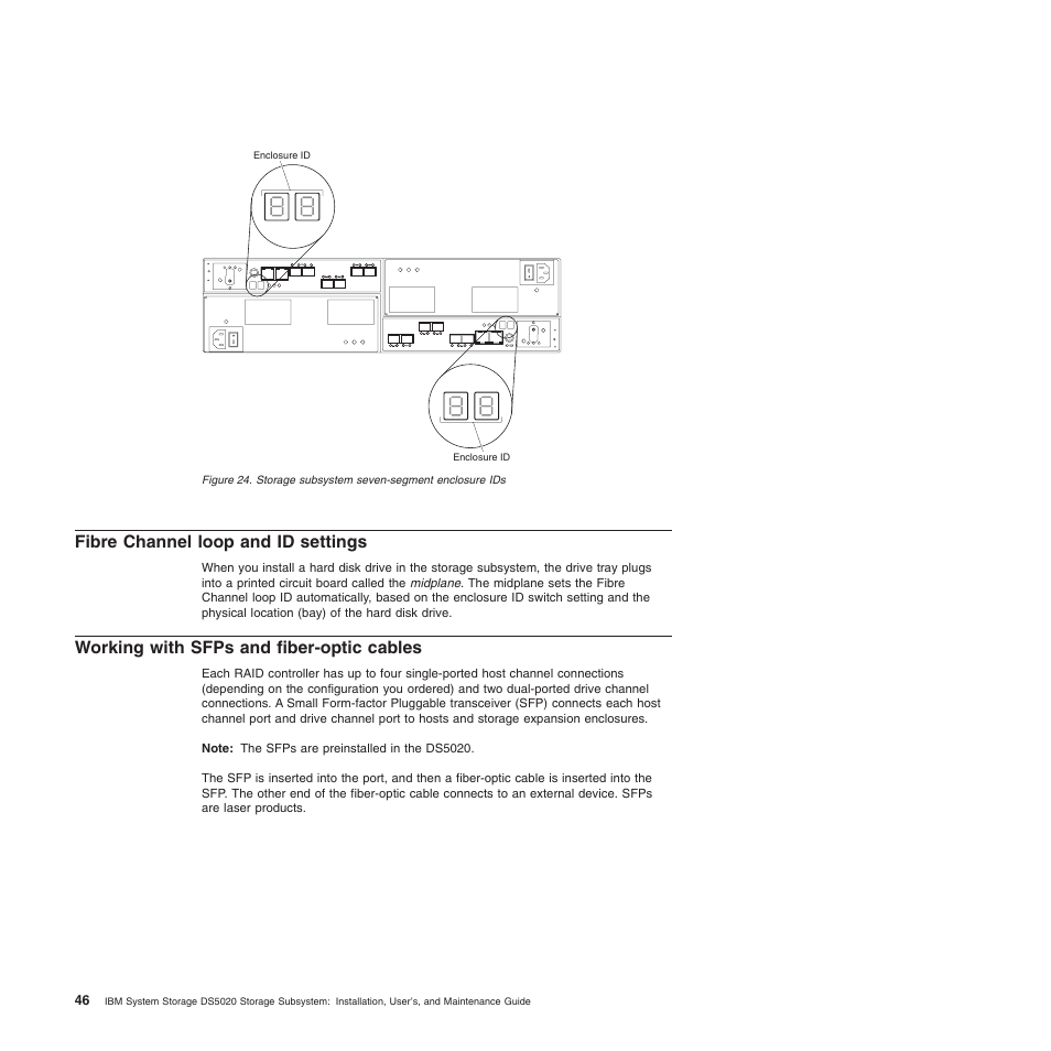 Fibre channel loop and id settings, Working with sfps and fiber-optic cables, Storage subsystem seven-segment enclosure ids | IBM System Storage Subsystem DS5020 User Manual | Page 76 / 250