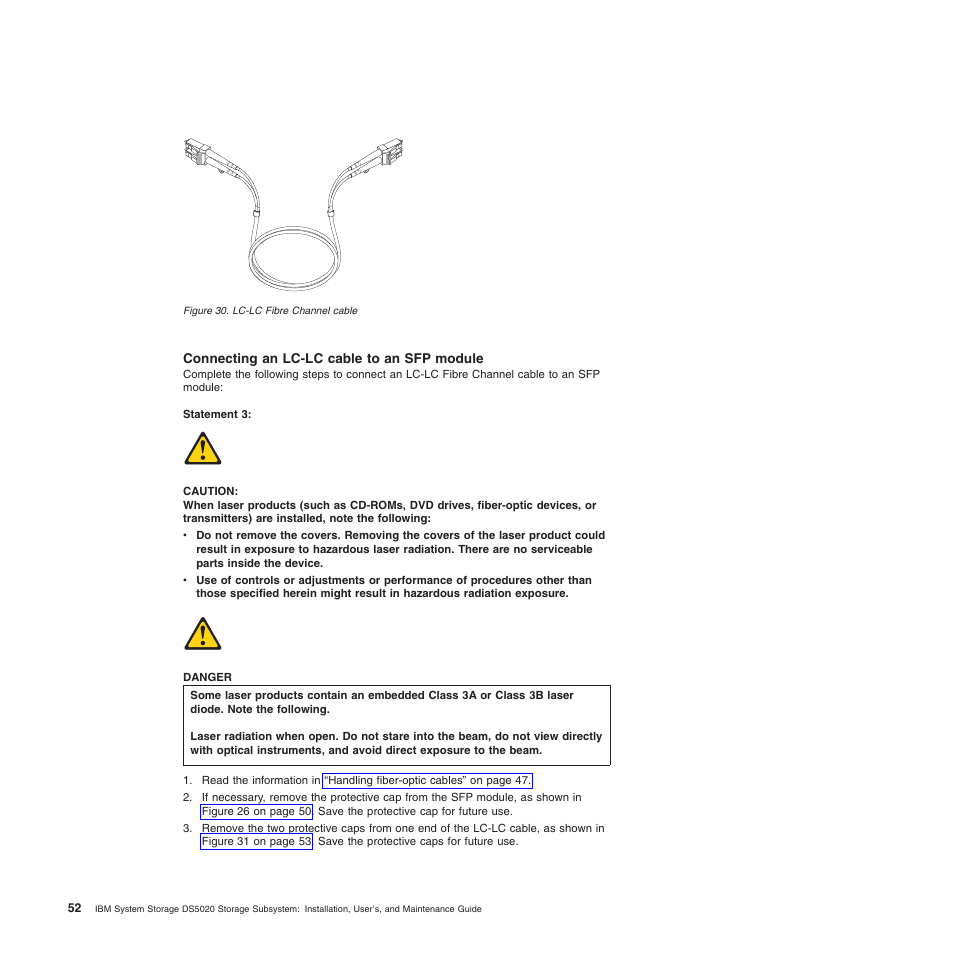 Connecting an lc-lc cable to an sfp module, Lc-lc fibre channel cable | IBM System Storage Subsystem DS5020 User Manual | Page 82 / 250