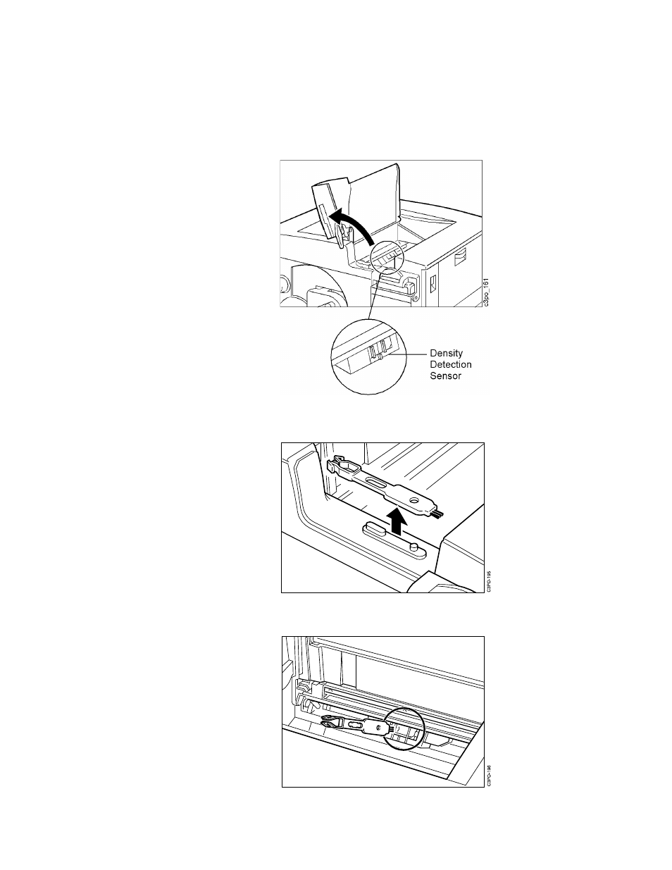 Cleaning the window of the density detection senso, Turn off the printer. open the front door and t, Remove the wire cleaner from inside the printer | Put the brush end of the wire cleaner on the wi, Ee “cleaning | IBM S544-5361-01 User Manual | Page 162 / 218