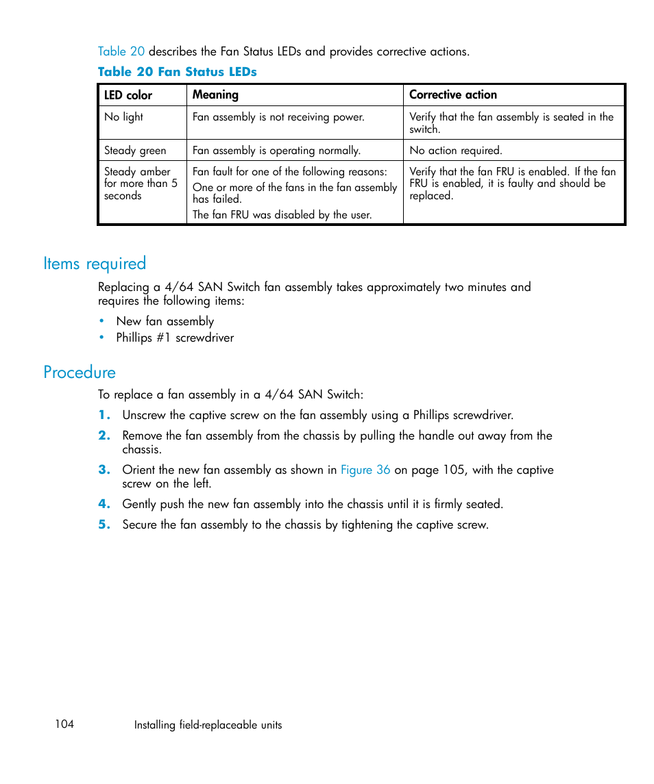 Items required, Procedure, 20 fan status leds | IBM AA-RWF3A-TE User Manual | Page 104 / 159
