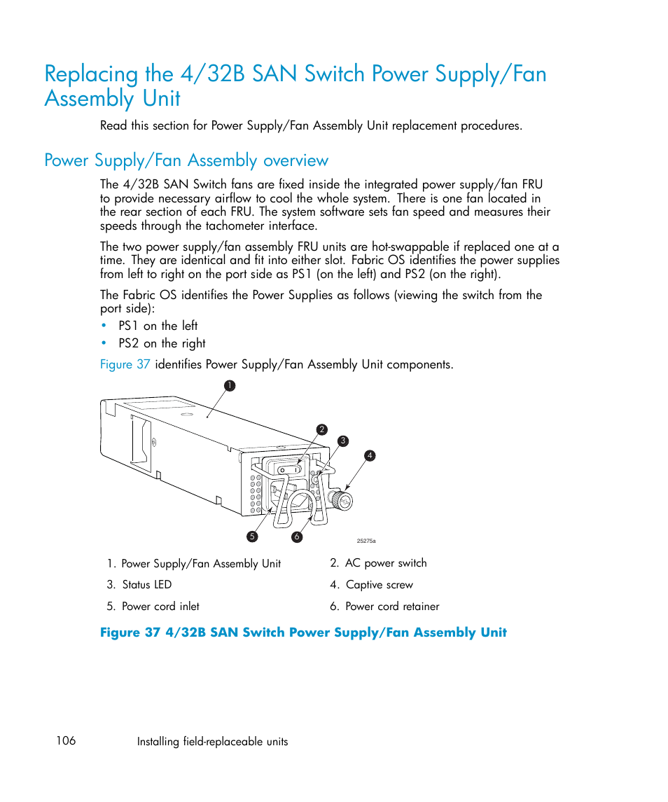 Power supply/fan assembly overview, 37 4/32b san switch power supply/fan assembly unit | IBM AA-RWF3A-TE User Manual | Page 106 / 159