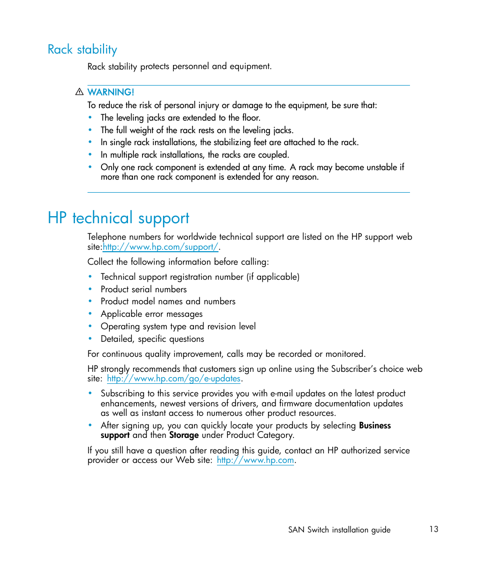 Rack stability, Hp technical support | IBM AA-RWF3A-TE User Manual | Page 13 / 159