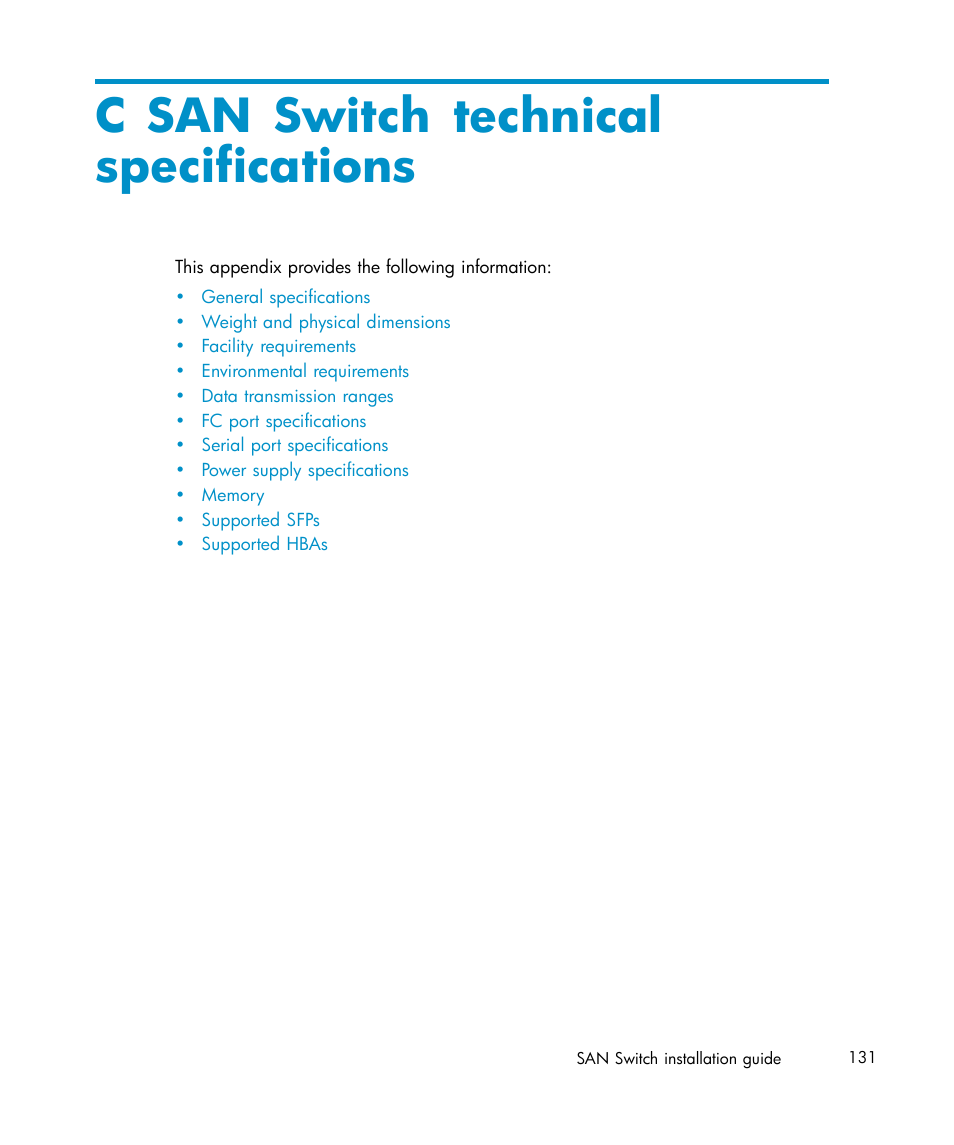 C san switch technical specifications, San switch technical, Specifications | IBM AA-RWF3A-TE User Manual | Page 131 / 159