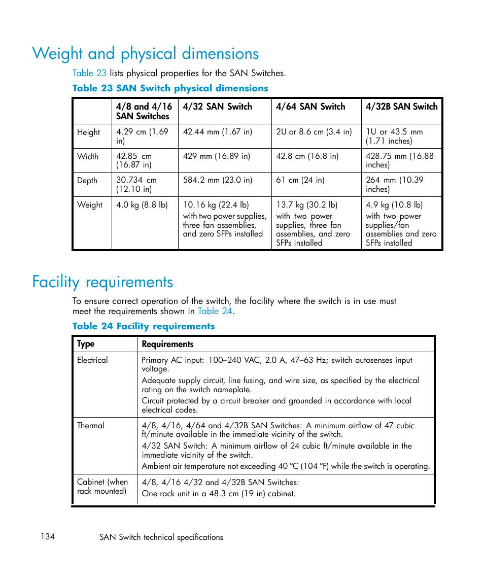 Weight and physical dimensions, Facility requirements, 23 san switch physical dimensions | 24 facility requirements | IBM AA-RWF3A-TE User Manual | Page 134 / 159