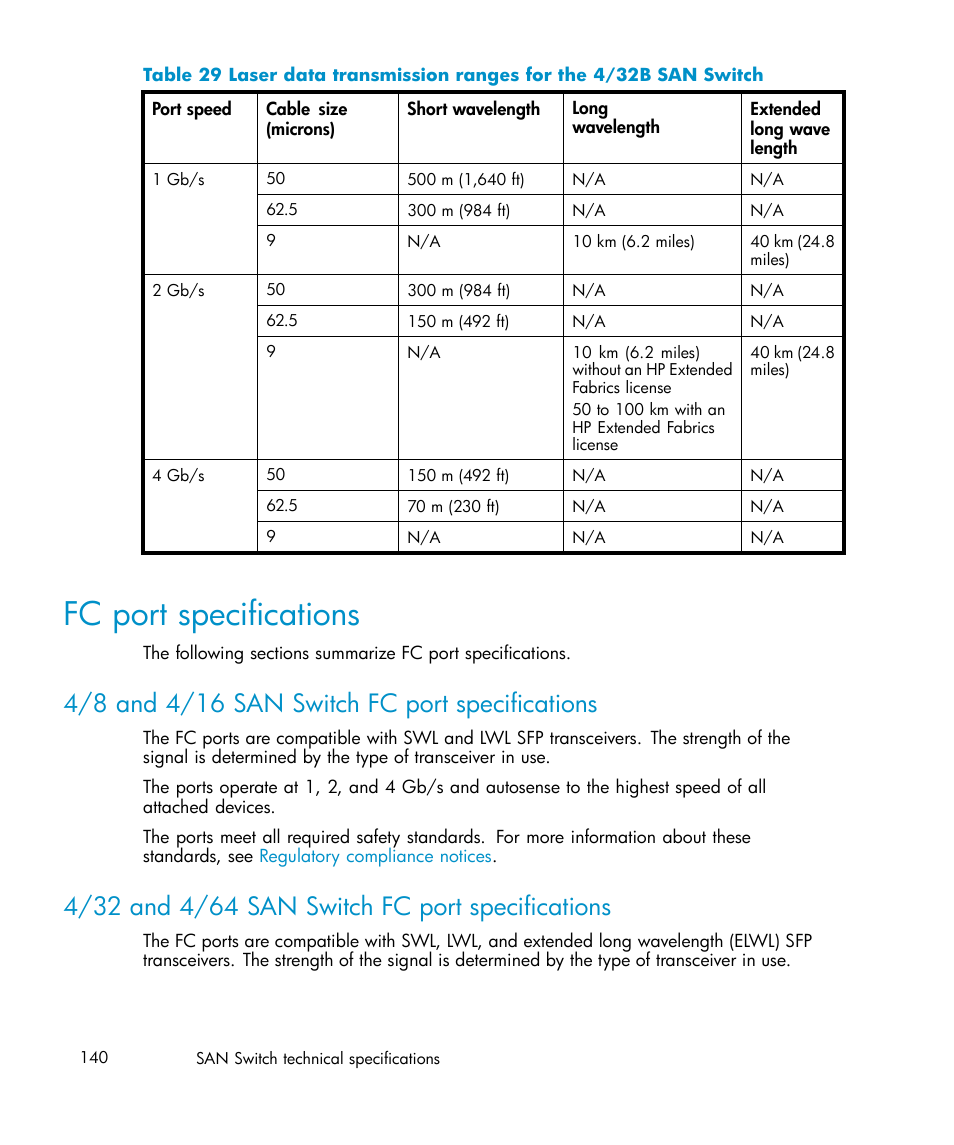 Fc port specifications, 4/8 and 4/16 san switch fc port specifications, 4/32 and 4/64 san switch fc port specifications | IBM AA-RWF3A-TE User Manual | Page 140 / 159