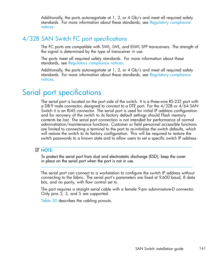 4/32b san switch fc port specifications, Serial port specifications, Serial port | Specifications | IBM AA-RWF3A-TE User Manual | Page 141 / 159