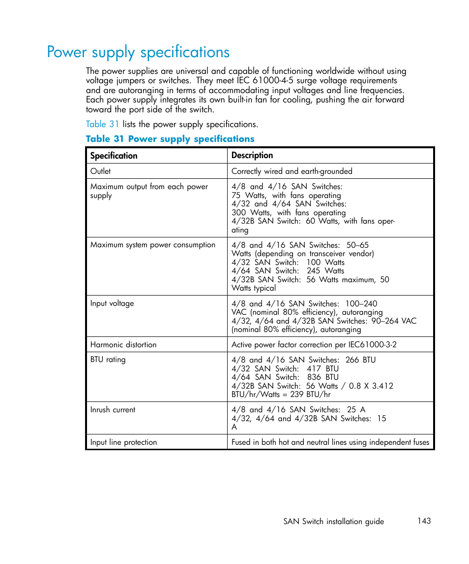 Power supply specifications, 31 power supply specifications | IBM AA-RWF3A-TE User Manual | Page 143 / 159