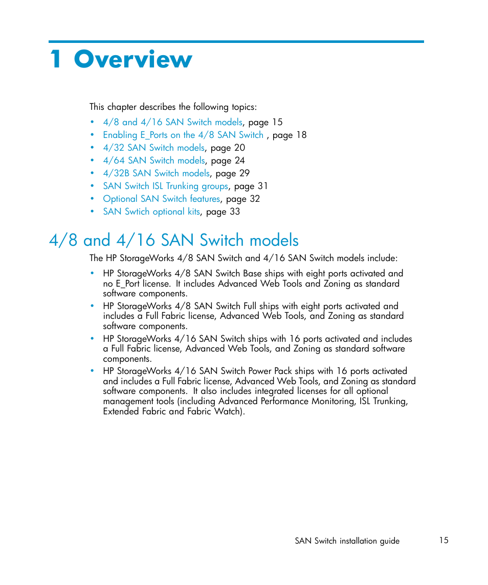 1 overview, 4/8 and 4/16 san switch models | IBM AA-RWF3A-TE User Manual | Page 15 / 159