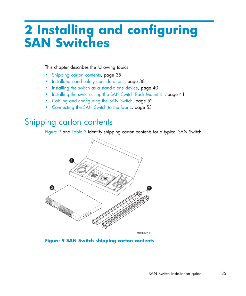 2 installing and configuring san switches, Shipping carton contents, 9 san switch shipping carton contents | IBM AA-RWF3A-TE User Manual | Page 35 / 159