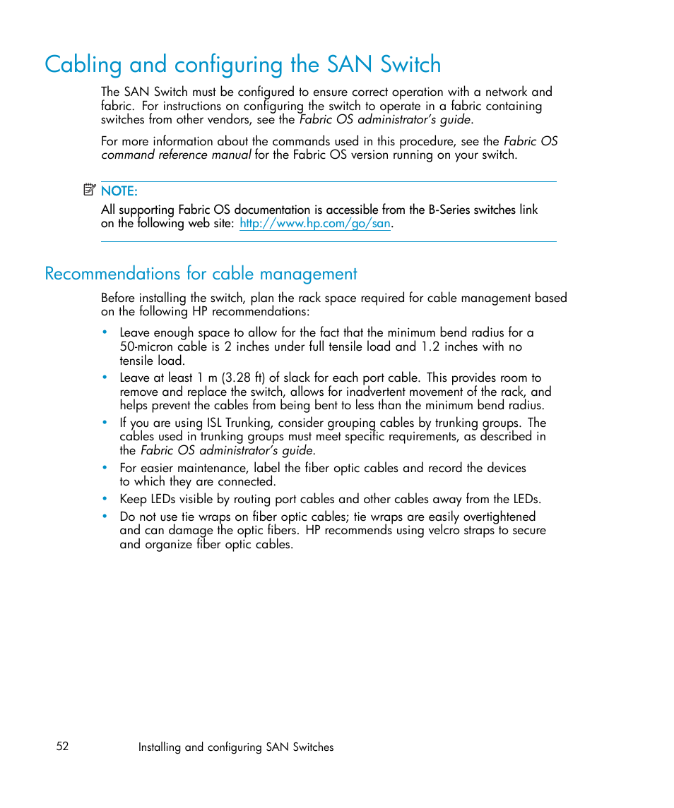 Cabling and configuring the san switch, Recommendations for cable management | IBM AA-RWF3A-TE User Manual | Page 52 / 159