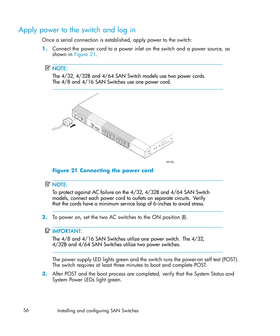 Apply power to the switch and log in, 21 connecting the power cord, 56 installing and configuring san switches | IBM AA-RWF3A-TE User Manual | Page 56 / 159