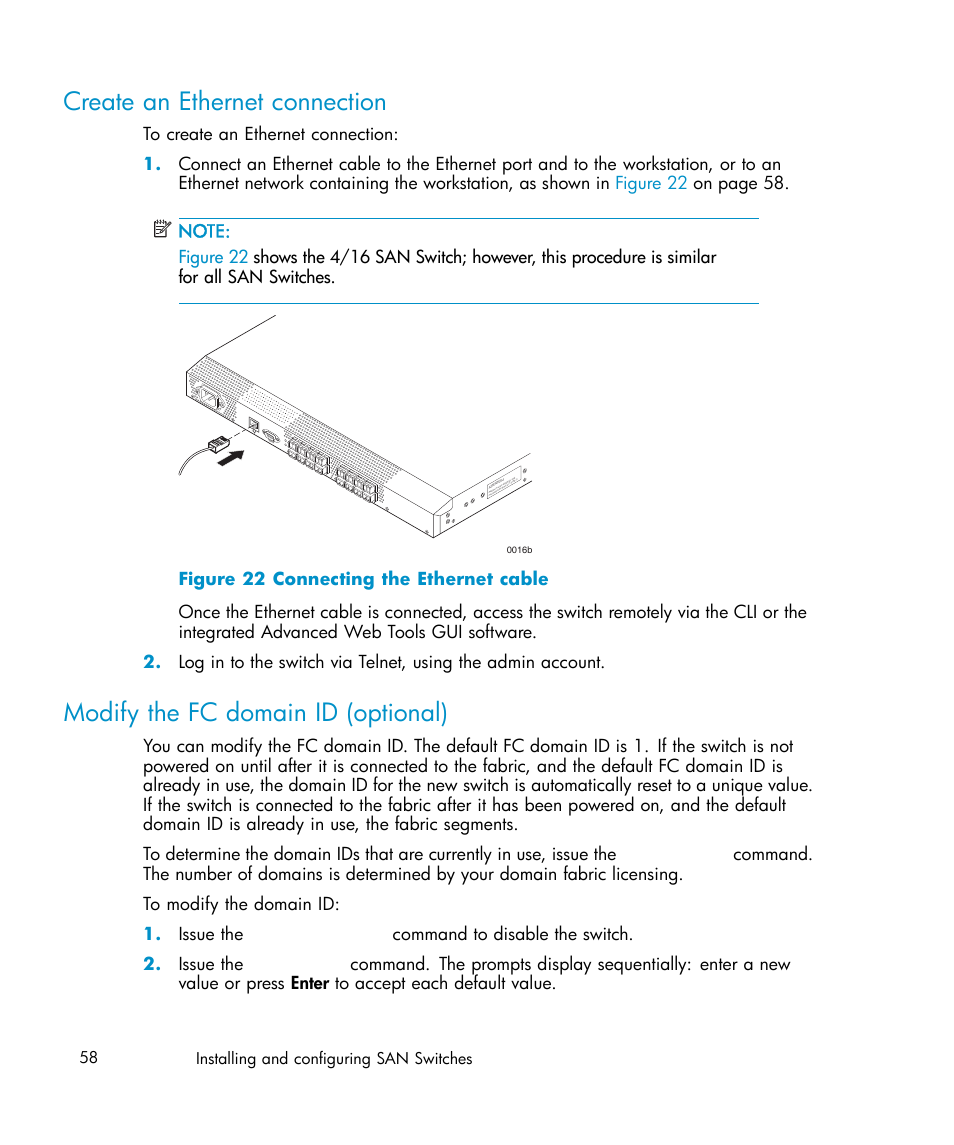 Create an ethernet connection, Modify the fc domain id (optional), 22 connecting the ethernet cable | 58 installing and configuring san switches | IBM AA-RWF3A-TE User Manual | Page 58 / 159