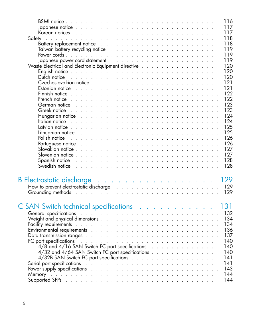 B electrostatic discharge, C san switch technical specifications | IBM AA-RWF3A-TE User Manual | Page 6 / 159