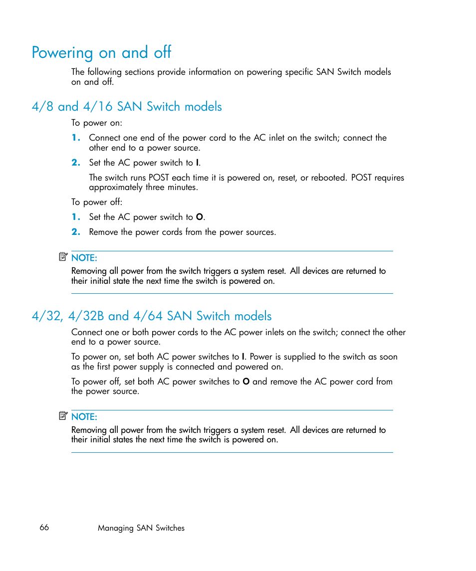 Powering on and off, 4/8 and 4/16 san switch models, 4/32, 4/32b and 4/64 san switch models | IBM AA-RWF3A-TE User Manual | Page 66 / 159