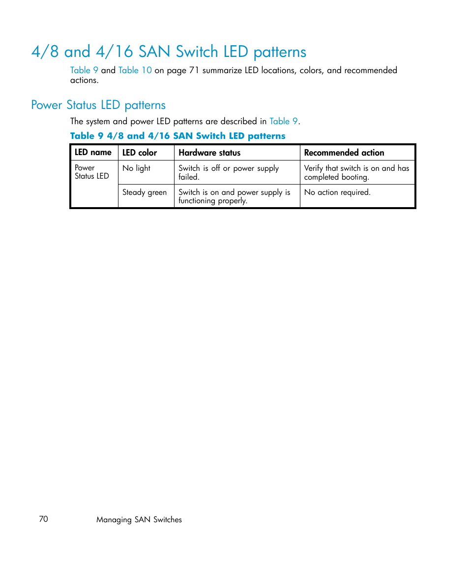 4/8 and 4/16 san switch led patterns, Power status led patterns, 9 4/8 and 4/16 san switch led patterns | IBM AA-RWF3A-TE User Manual | Page 70 / 159