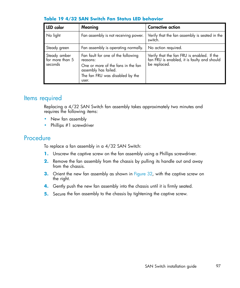 Items required, Procedure, 19 4/32 san switch fan status led behavior | IBM AA-RWF3A-TE User Manual | Page 97 / 159