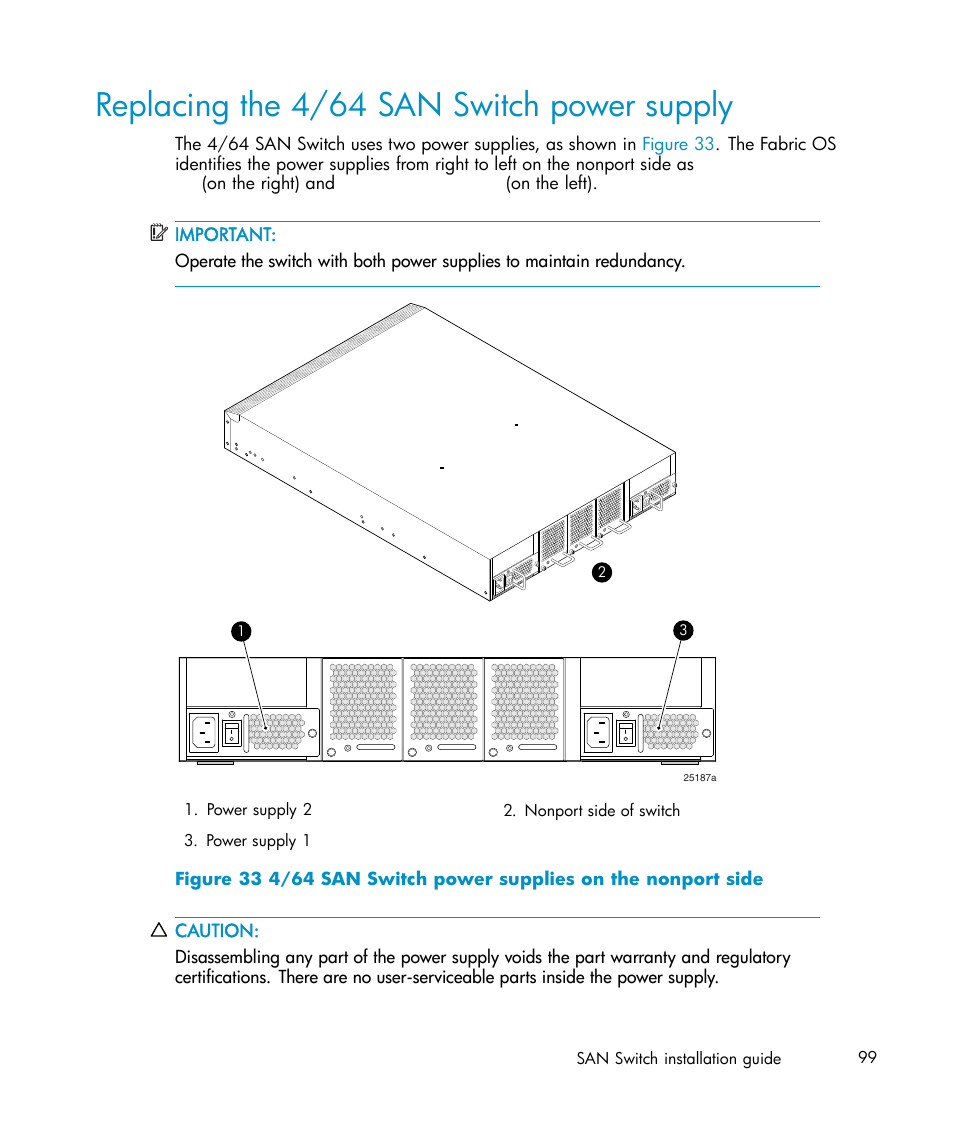 Replacing the 4/64 san switch power supply, Replacing the san switch 4/64 power supply | IBM AA-RWF3A-TE User Manual | Page 99 / 159