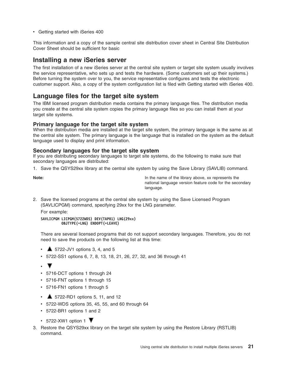 Installing a new iseries server, Language files for the target site system, Primary language for the target site system | Secondary languages for the target site system | IBM iSeries User Manual | Page 27 / 64