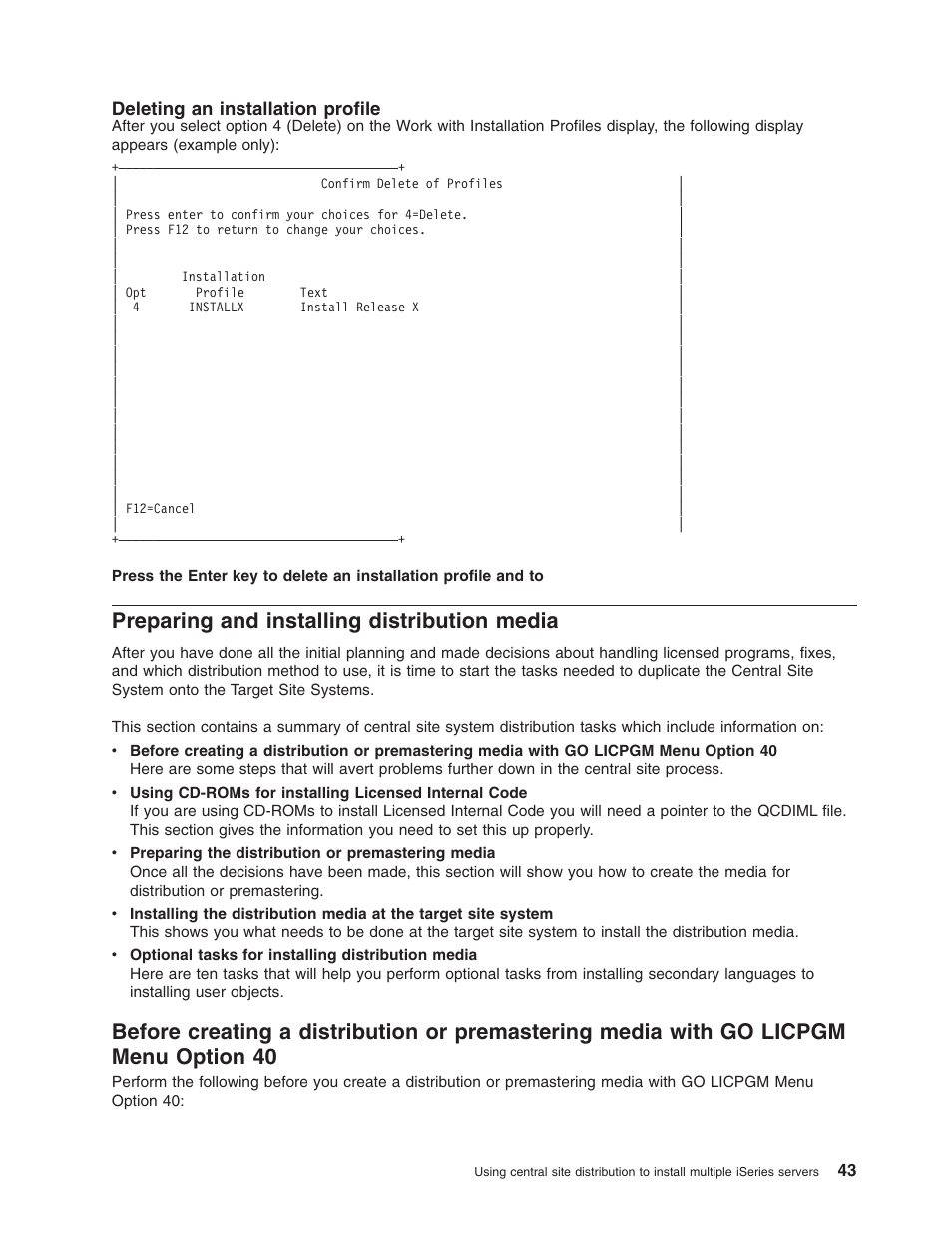 Deleting an installation profile, Preparing and installing distribution media | IBM iSeries User Manual | Page 49 / 64