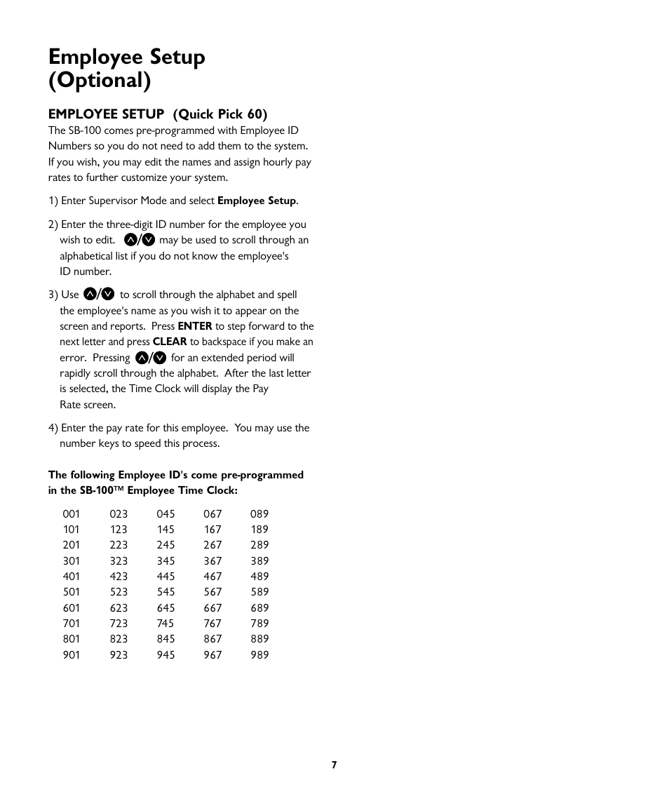 Employee setup (optional), Employee setup (quick pick 60) | ICON Enterprises EMPLOYEE TIME CLOCK SB-100 User Manual | Page 10 / 16