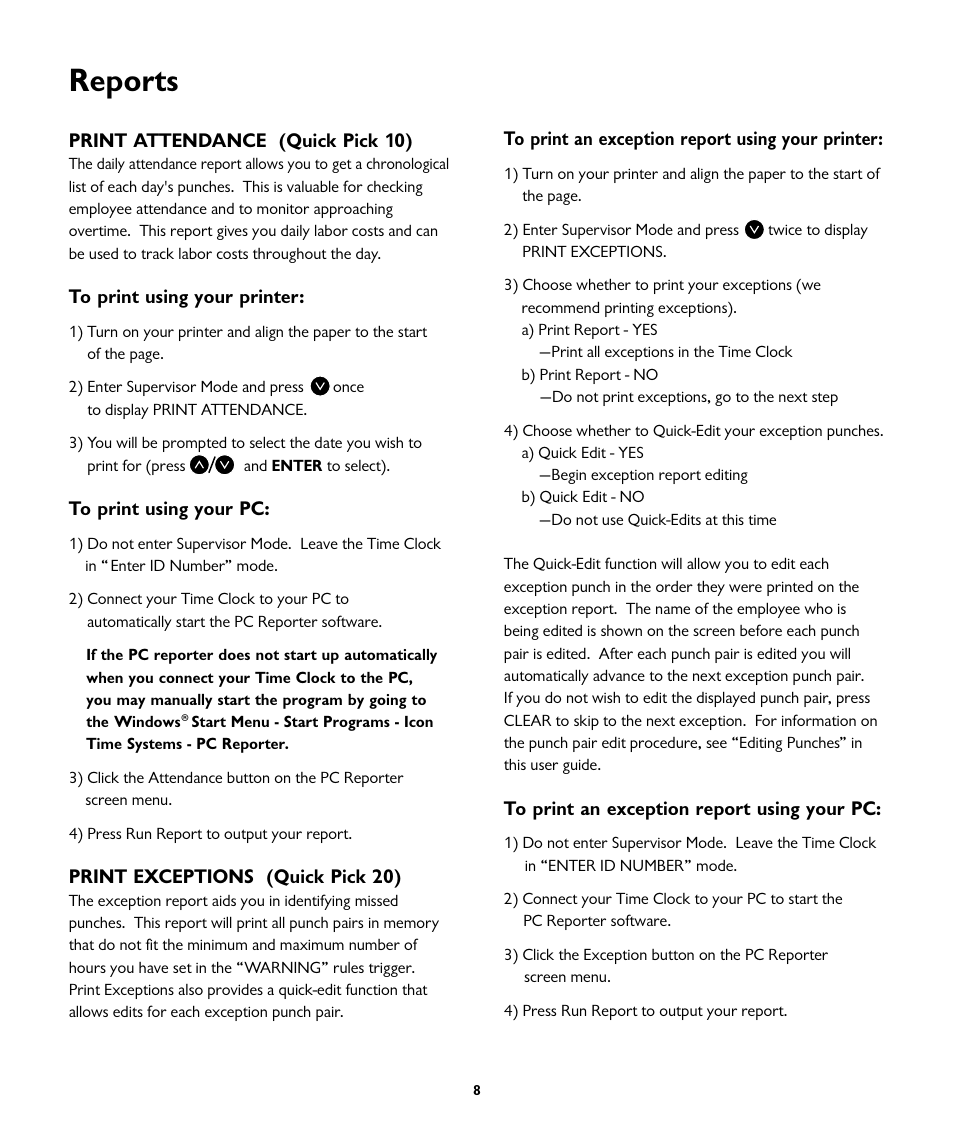Reports | ICON Enterprises EMPLOYEE TIME CLOCK SB-100 User Manual | Page 11 / 16