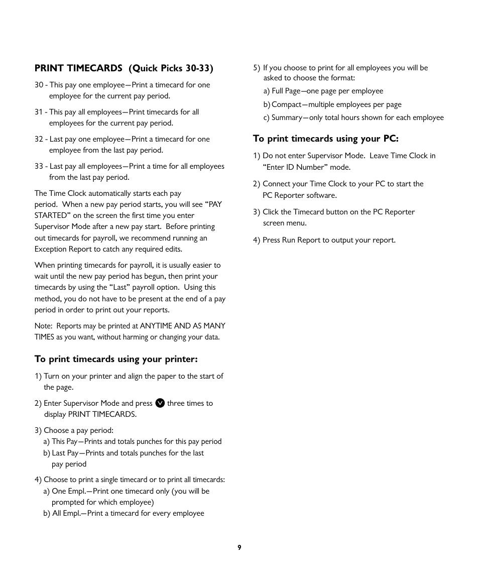 Print timecards (quick picks 30-33) | ICON Enterprises EMPLOYEE TIME CLOCK SB-100 User Manual | Page 12 / 16