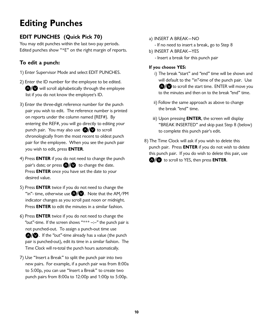 Editing punches, Edit punches (quick pick 70) | ICON Enterprises EMPLOYEE TIME CLOCK SB-100 User Manual | Page 13 / 16