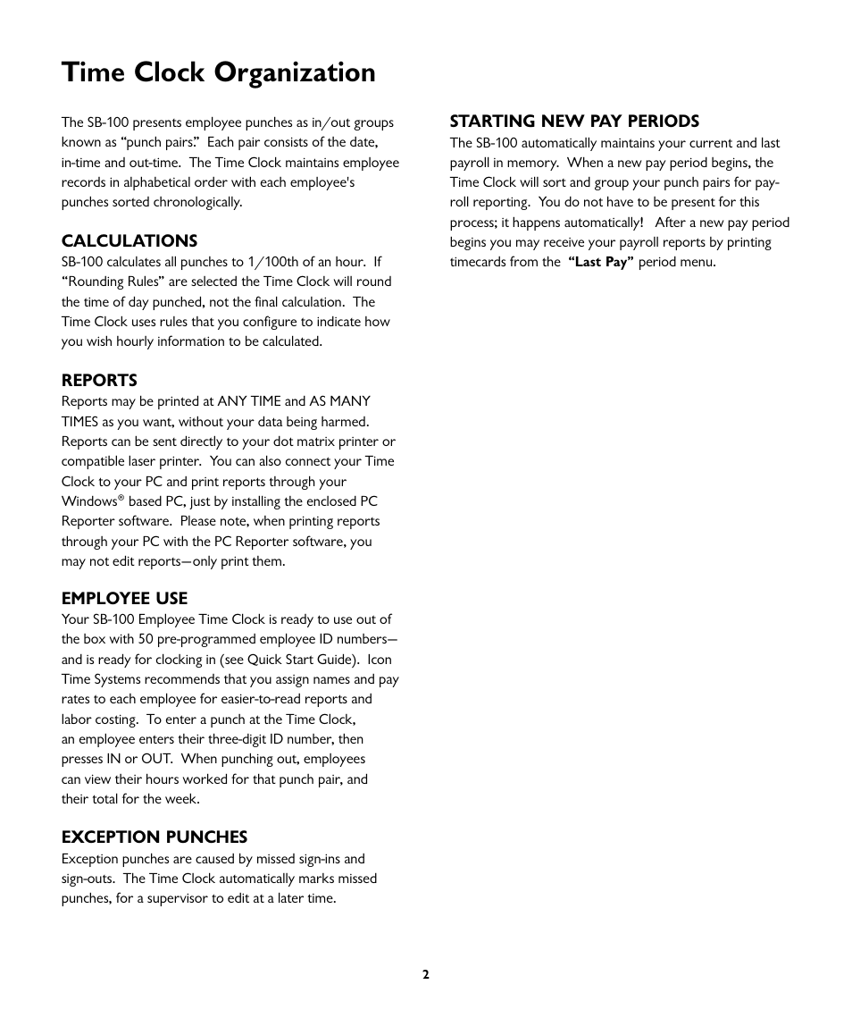 Time clock organization | ICON Enterprises EMPLOYEE TIME CLOCK SB-100 User Manual | Page 5 / 16