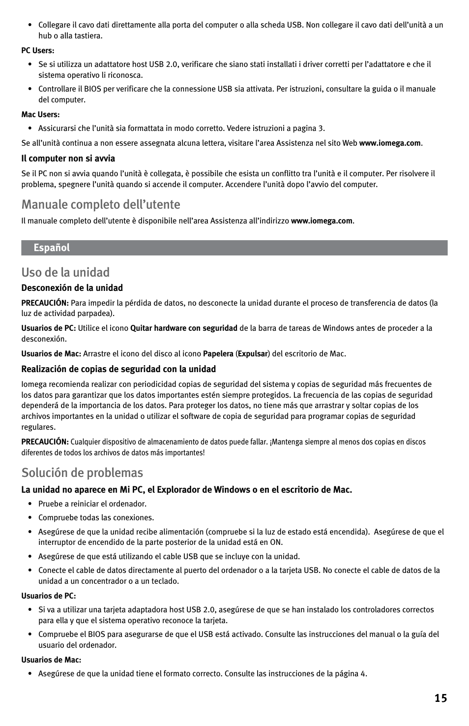 Manuale completo dell’utente, Uso de la unidad, Solución de problemas | Iomega EN61000-3-2 User Manual | Page 15 / 32