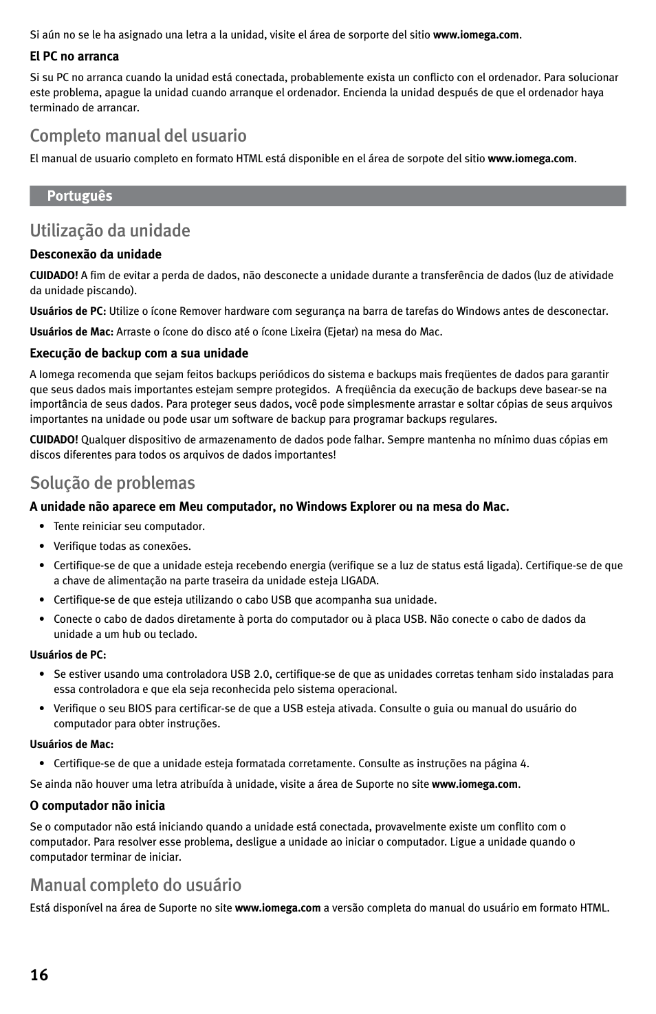 Completo manual del usuario, Utilização da unidade, Solução de problemas | Manual completo do usuário | Iomega EN61000-3-2 User Manual | Page 16 / 32