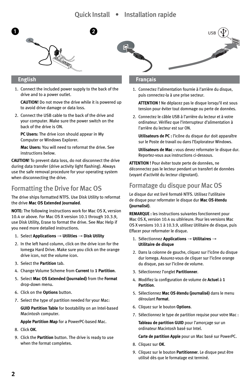 Quick install • installation rapide, Formatting the drive for mac os, Formatage du disque pour mac os | Iomega EN61000-3-2 User Manual | Page 2 / 32