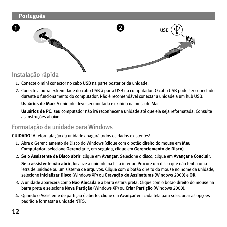 12 instalação rápida, Formatação da unidade para windows | Iomega Portable Hard Drive eGo Helium User Manual | Page 12 / 36