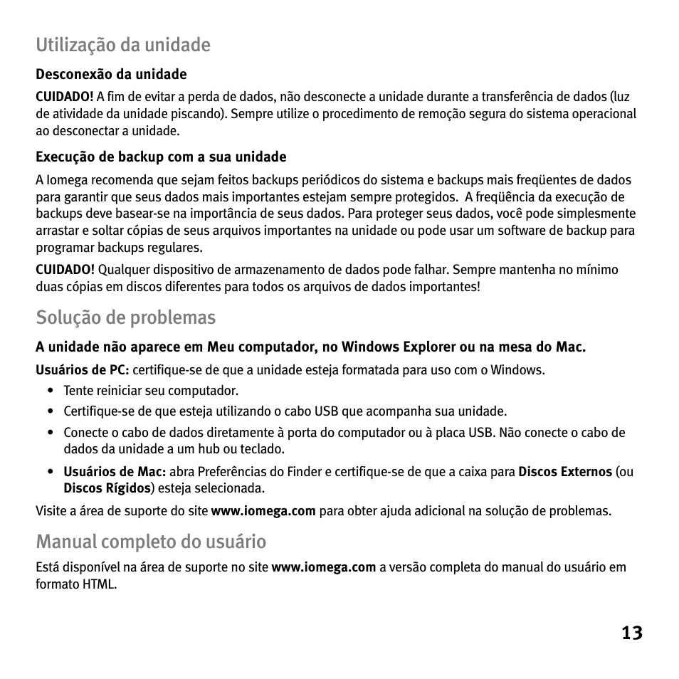 13 utilização da unidade, Solução de problemas, Manual completo do usuário | Iomega Portable Hard Drive eGo Helium User Manual | Page 13 / 36