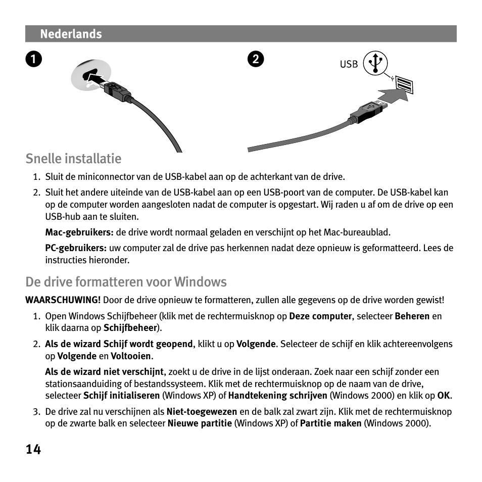 14 snelle installatie, De drive formatteren voor windows | Iomega Portable Hard Drive eGo Helium User Manual | Page 14 / 36
