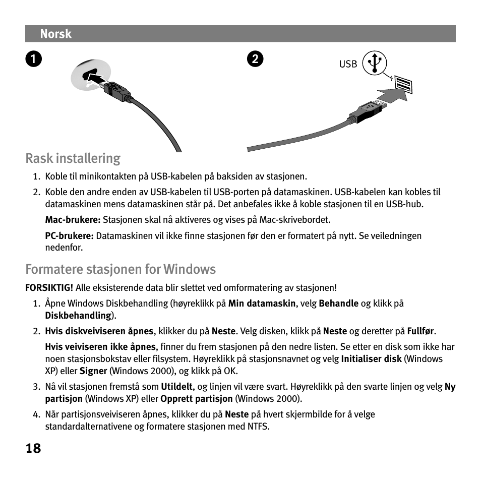 18 rask installering, Formatere stasjonen for windows | Iomega Portable Hard Drive eGo Helium User Manual | Page 18 / 36