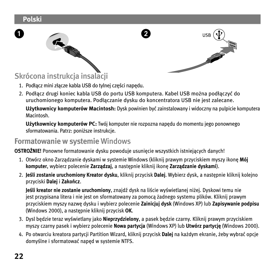22 skrócona instrukcja insalacji, Formatowanie w systemie windows | Iomega Portable Hard Drive eGo Helium User Manual | Page 22 / 36