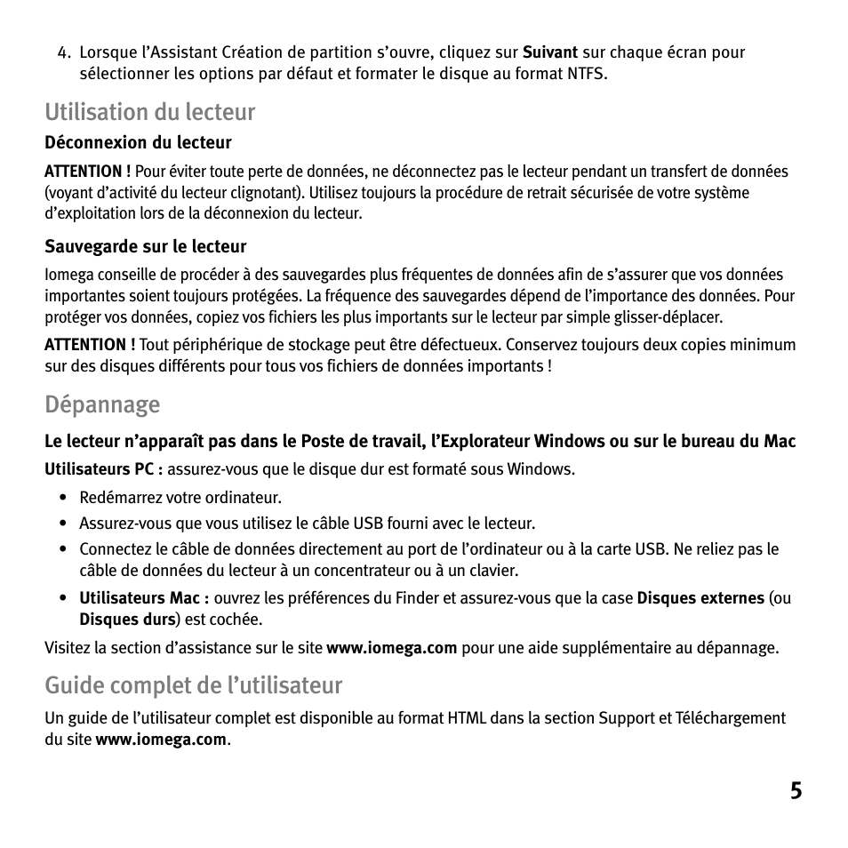 Utilisation du lecteur, Dépannage, Guide complet de l’utilisateur | Iomega Portable Hard Drive eGo Helium User Manual | Page 5 / 36