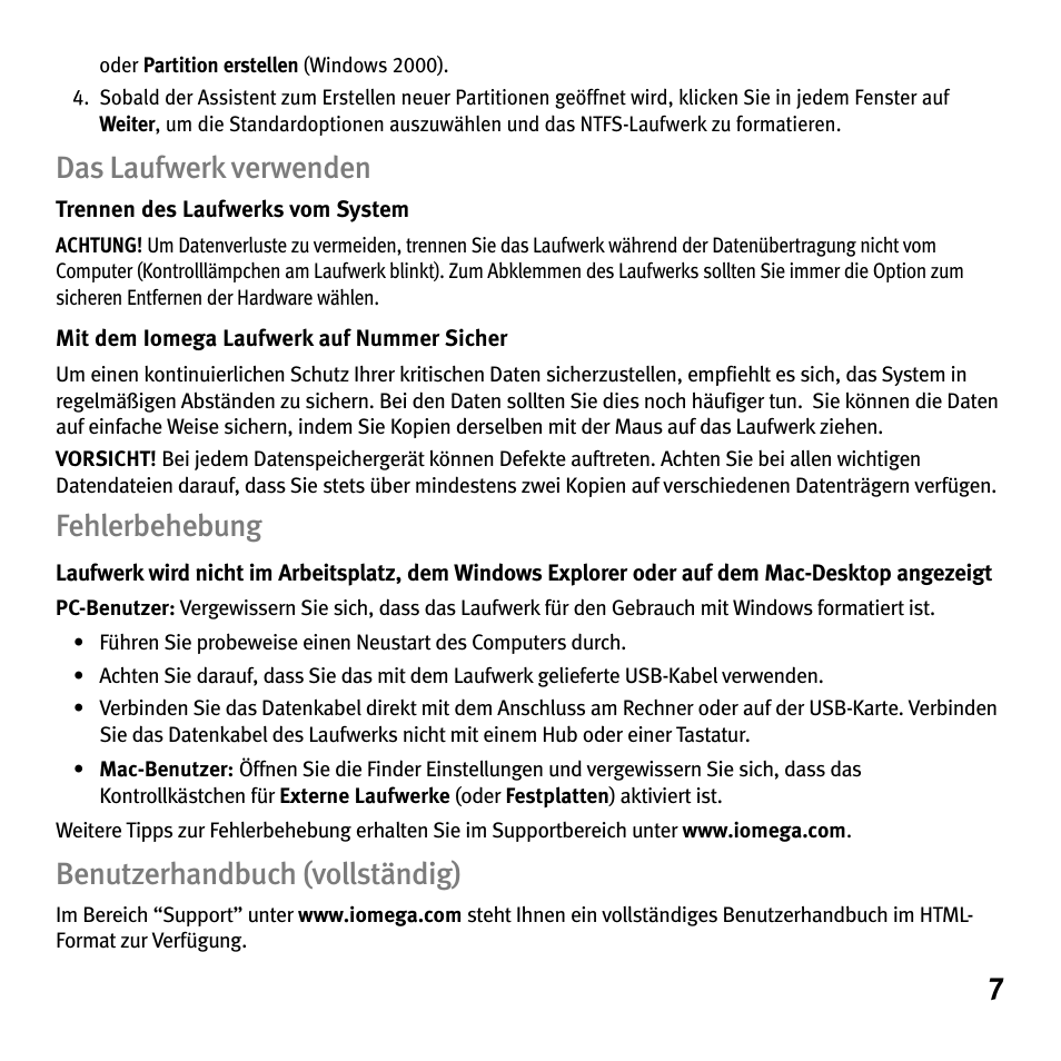 Das laufwerk verwenden, Fehlerbehebung, Benutzerhandbuch (vollständig) | Iomega Portable Hard Drive eGo Helium User Manual | Page 7 / 36