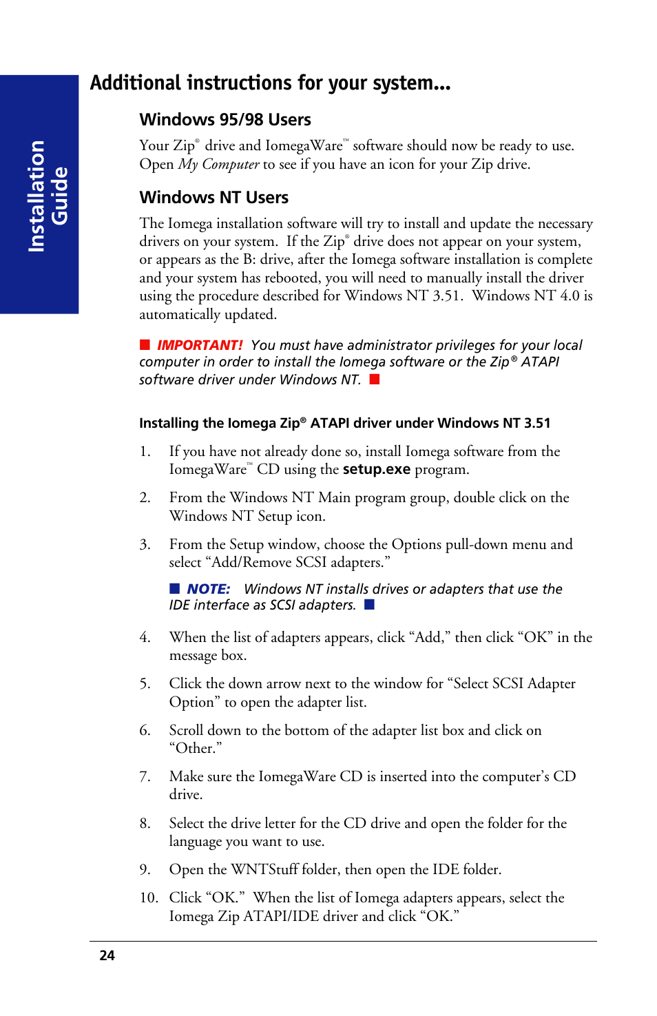 Windows 95/98 users, Windows nt users | Iomega 03798300 User Manual | Page 24 / 48