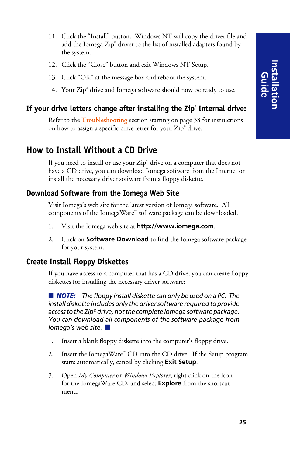 Installation guide, How to install without a cd drive, Internal drive | Download software from the iomega web site, Create install floppy diskettes | Iomega 03798300 User Manual | Page 25 / 48