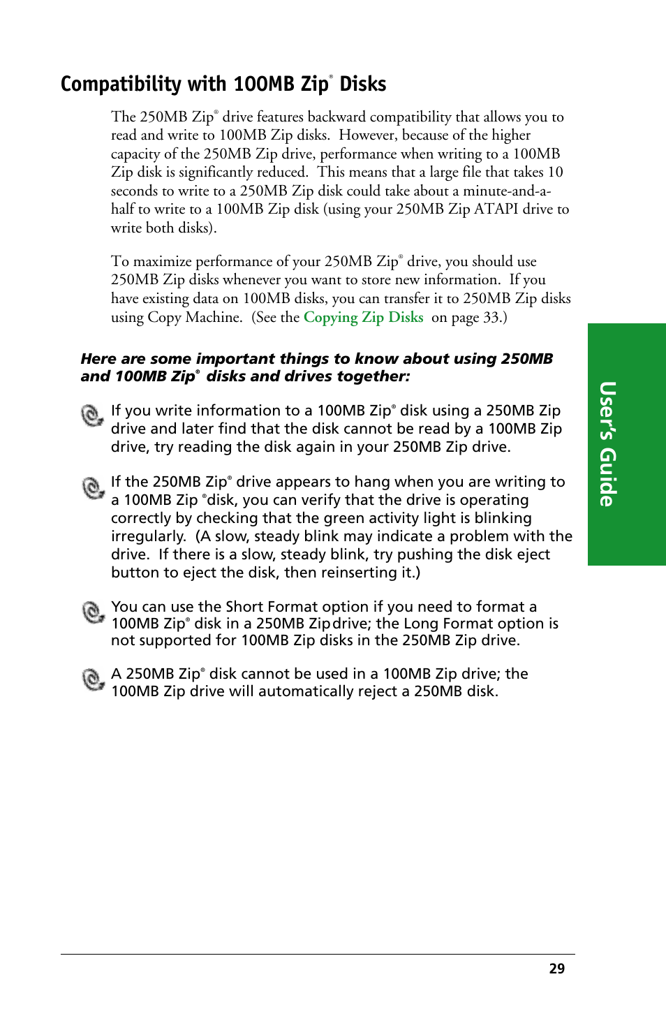 User’ s guide compatibility with 100mb zip, Disks | Iomega 03798300 User Manual | Page 29 / 48