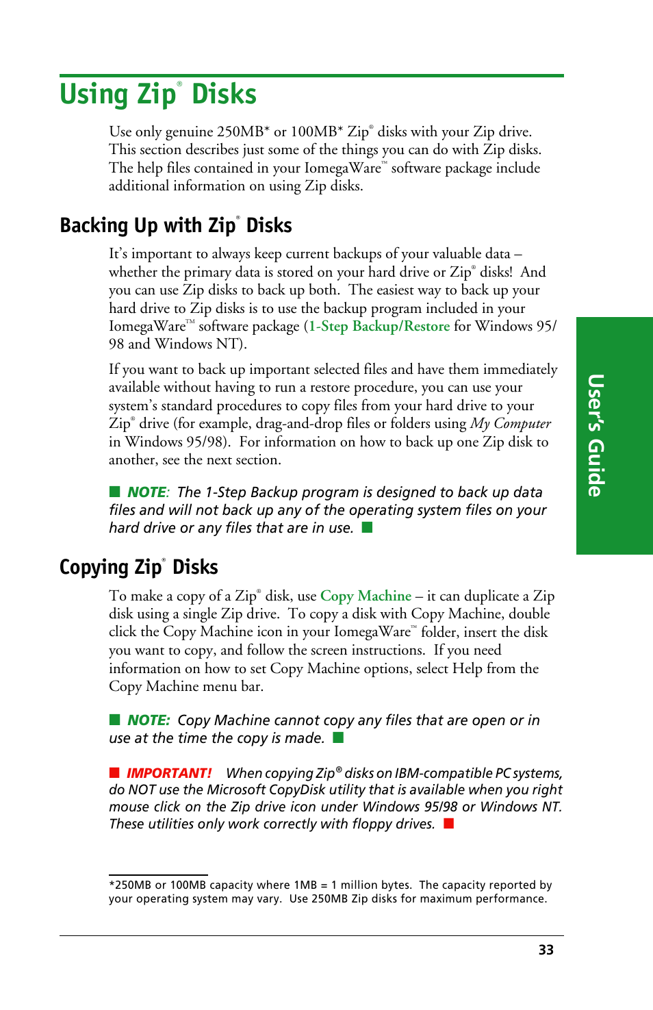 Using zip, Disks, User’ s guide | Backing up with zip, Copying zip | Iomega 03798300 User Manual | Page 33 / 48